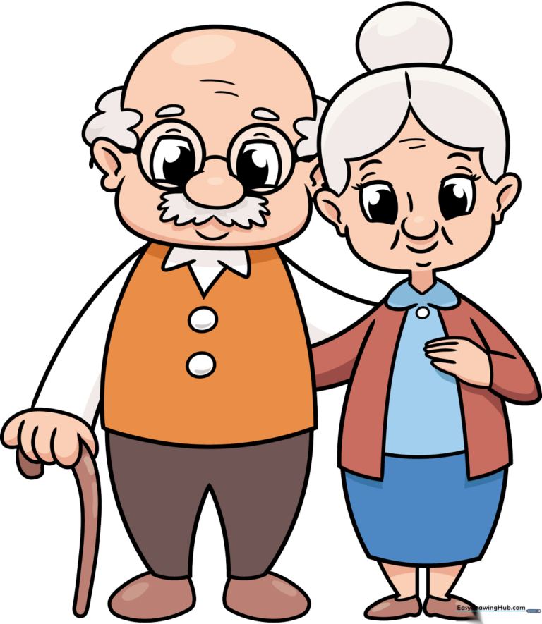 Colorful illustration of smiling grandparents, perfect for a family card or portrait.