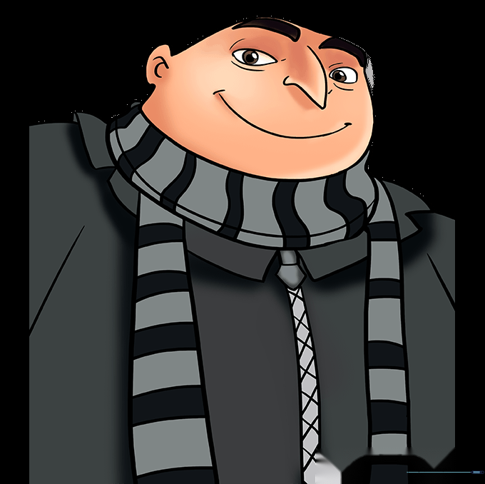 The finished Gru drawing colored in shades of black and grey.