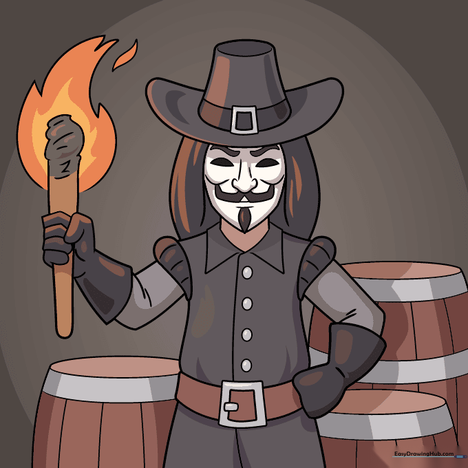 Completed Guy Fawkes drawing with full color, showing the mask, outfit, and torch.