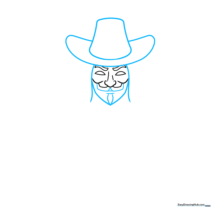 Drawing the chin structure and the wide brim of the hat on the Guy Fawkes sketch.