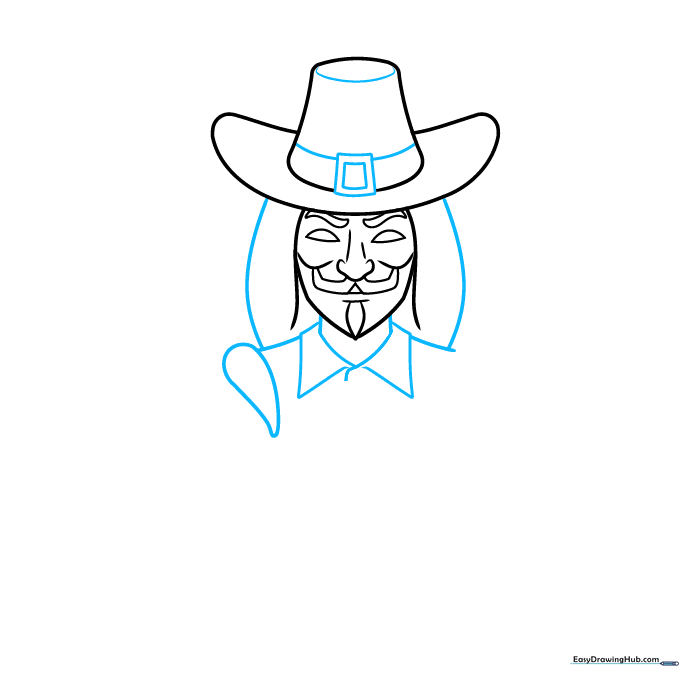 Adding the neck, collar, and hat details to the Guy Fawkes character drawing.