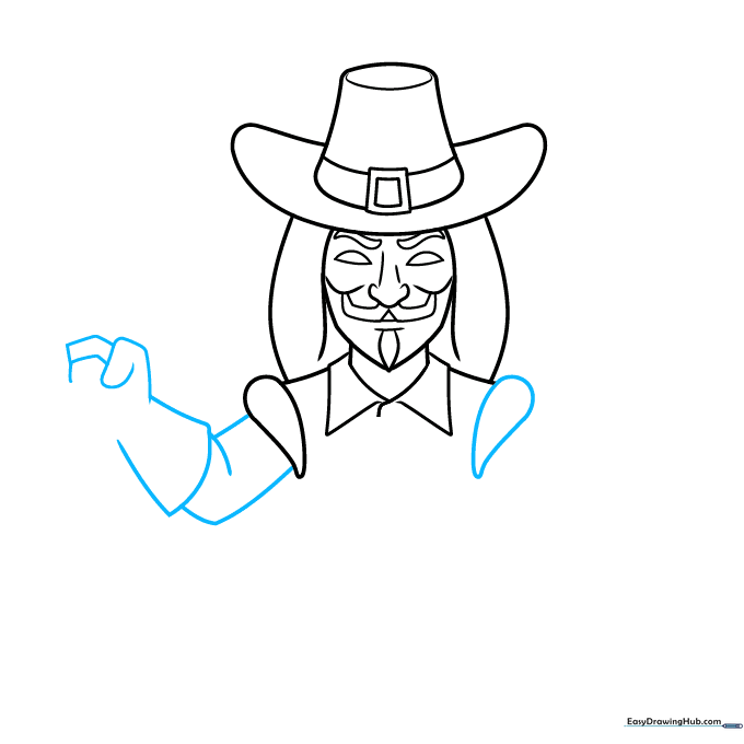 Step-by-step guide illustrating how to draw the arms and hand shapes for Guy Fawkes.