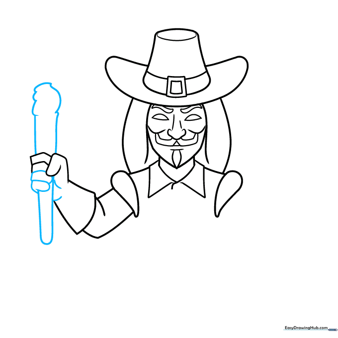 Drawing the torch held by Guy Fawkes, focusing on the cylinder and flame shapes.