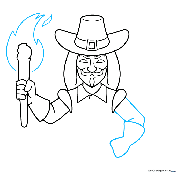 Adding the final arm and flame details to the Guy Fawkes character sketch.