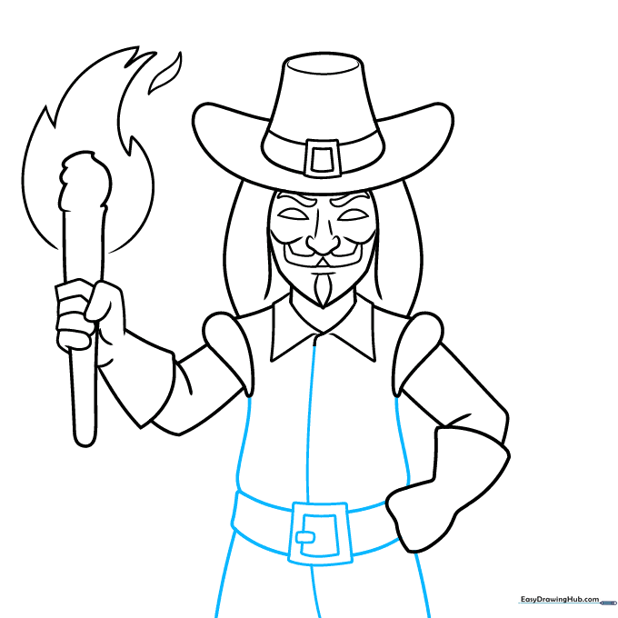 Adding the belt buckle and body structure to the Guy Fawkes drawing.