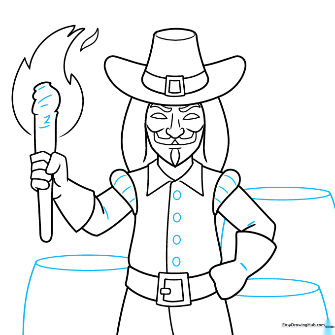 Adding texture lines to the clothing and background elements for the Guy Fawkes drawing.