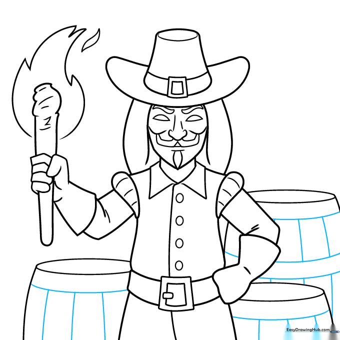 Finalizing the drawing by outlining the Guy Fawkes character with black ink.