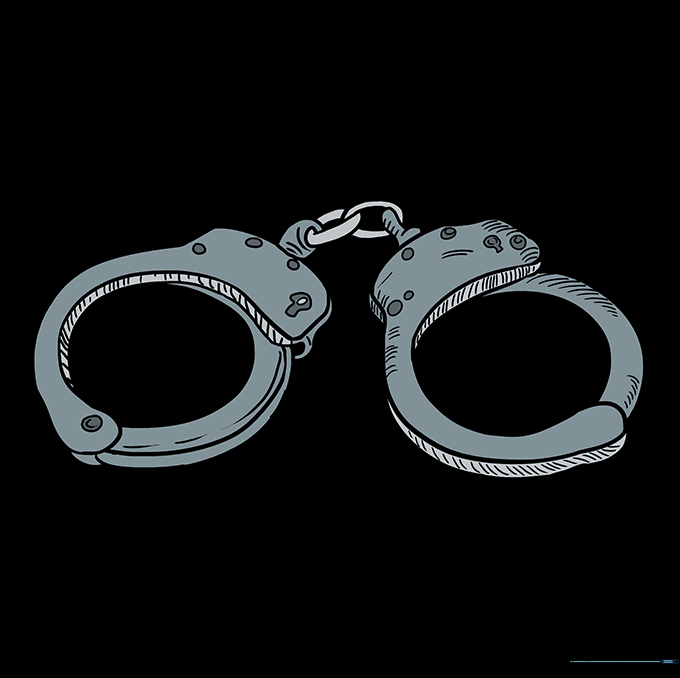 The finished, colored drawing of a pair of metal handcuffs.