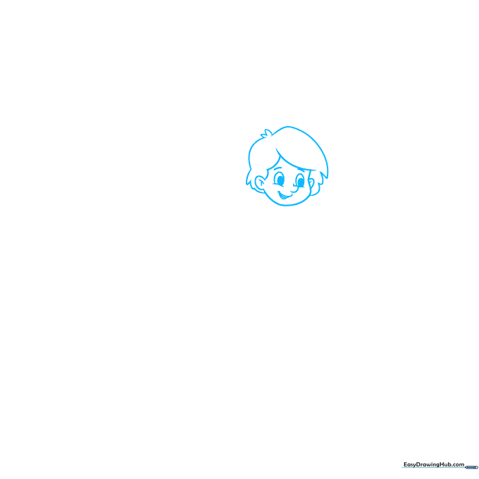 Line drawing of Hansel's face showing simple eyes, nose, and hair structure for a children's art tutorial.