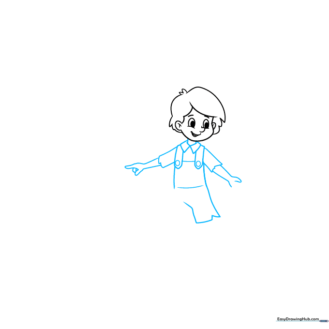 Drawing of Hansel's upper body and arms showing overall straps and shirt collar details.