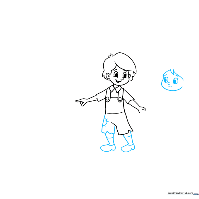 Step-by-step sketch showing Hansel's legs and the initial facial features of Gretel.