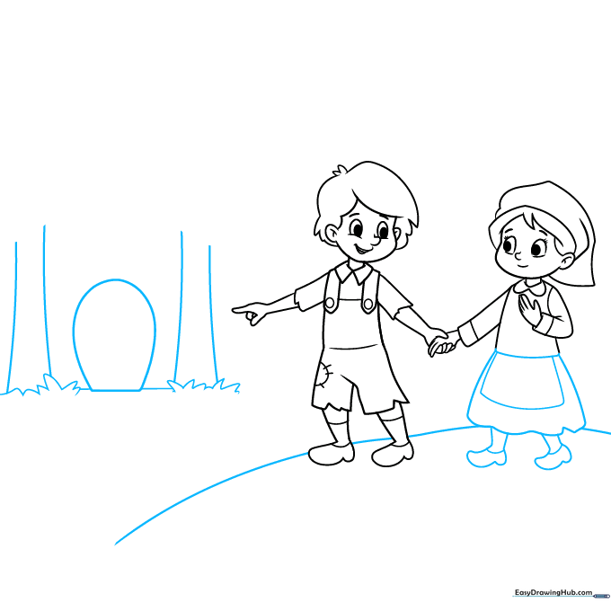 Sketch showing the children on a hill with the outline of a candy house in the background.