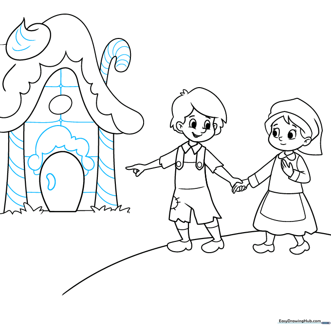 Close-up drawing of the candy house door, doorknob, and wall textures.