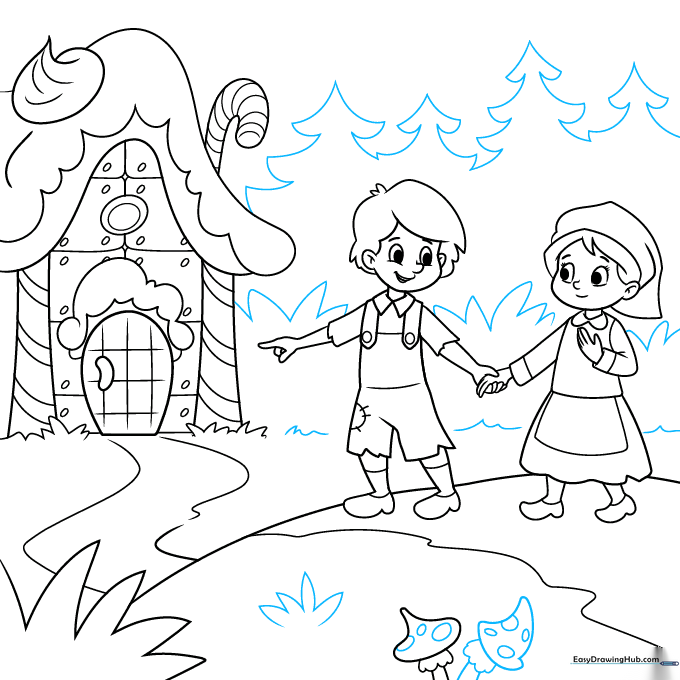 Final line art showing the completed scene with forest trees and mushrooms.