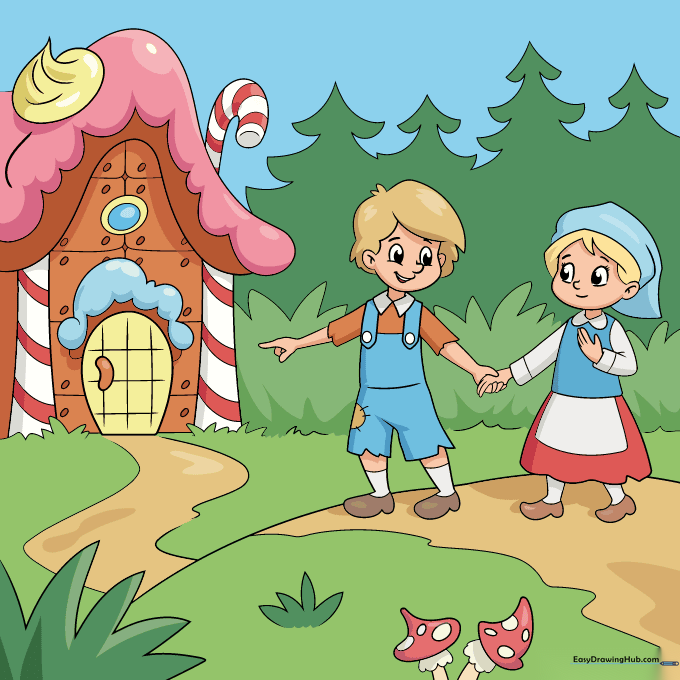 Fully colored illustration of Hansel and Gretel standing in front of their candy house.