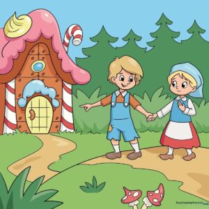 Colorful, finished drawing of Hansel and Gretel in front of a candy house, perfect for kids.