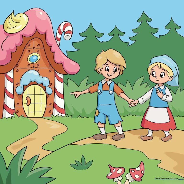 Colorful, finished drawing of Hansel and Gretel in front of a candy house, perfect for kids.