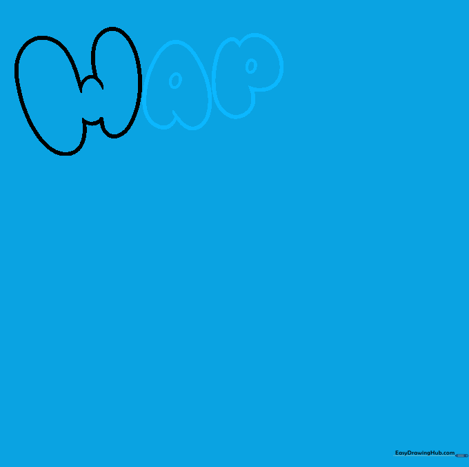 Step-by-step drawing of bubble letters A and P with rounded, soft contours.