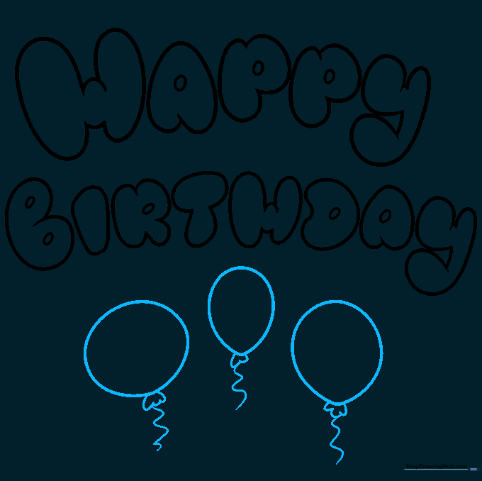 Adding festive balloons with strings below the bubble letter text.