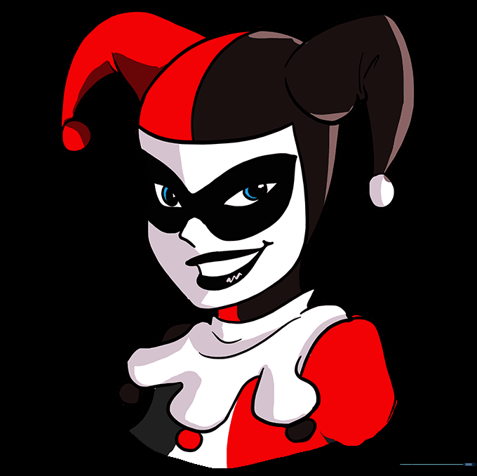 The finished Harley Quinn drawing colored in red and black.
