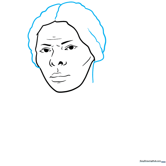Drawing the hair volume and neck line for the Harriet Tubman portrait.