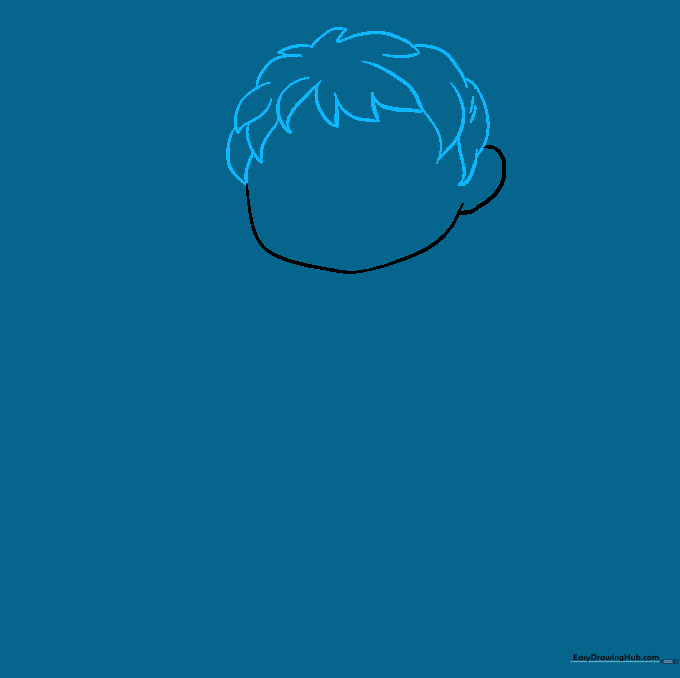 Pencil outline of Harry Potter's head featuring jagged, messy hair locks drawn over the initial face shape.