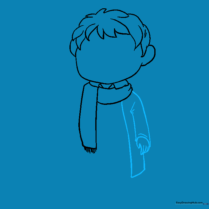 Line art showing the torso of Harry Potter's jacket and one hand with fingers clearly defined.