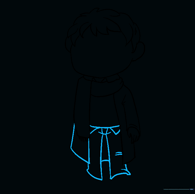 Pencil drawing of Harry Potter's lower body, including shirt tails and the outline of his trousers.
