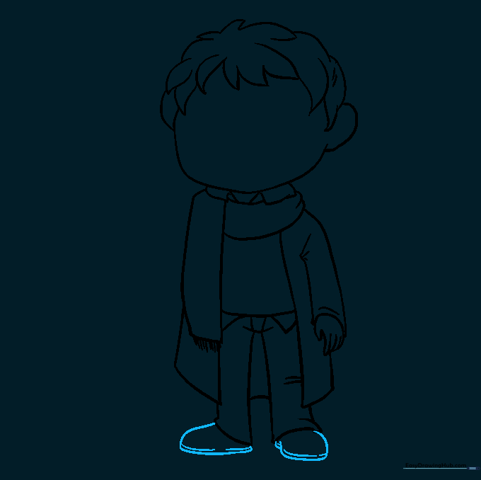 Detailed line drawing of Harry Potter's school shoes showing the soles and basic shape.