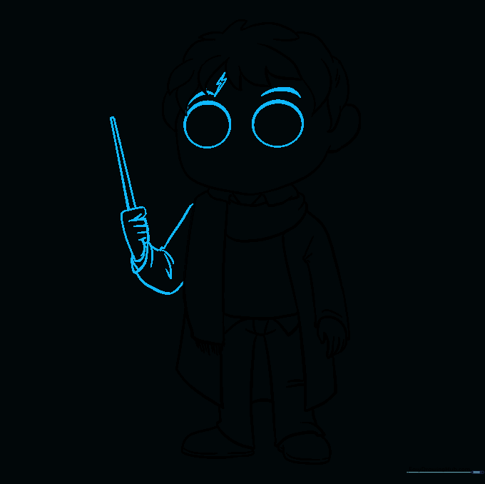 Drawing of Harry Potter holding his wand, with the lightning bolt scar visible on his forehead.