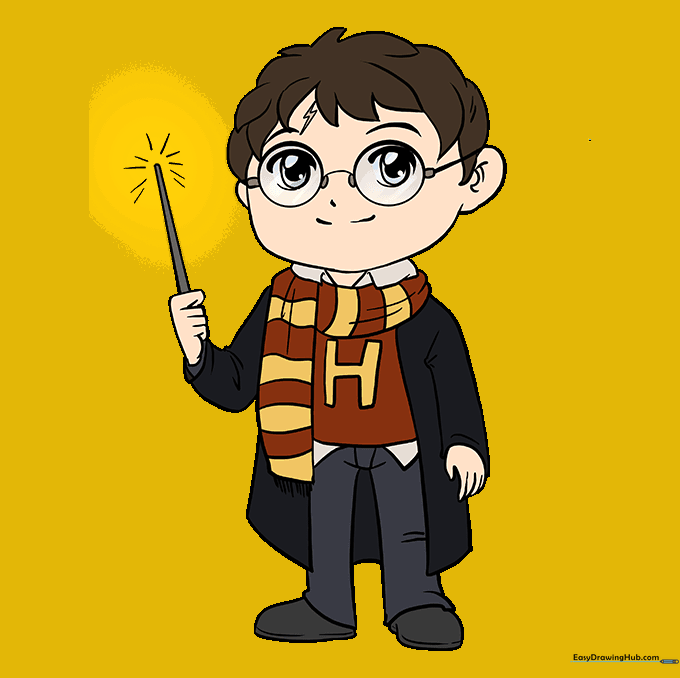 Fully colored illustration of Harry Potter wearing his school uniform and Gryffindor scarf.