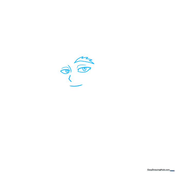 Pencil sketch showing the initial guidelines for Hawks' face, including eye placement and mouth curve.