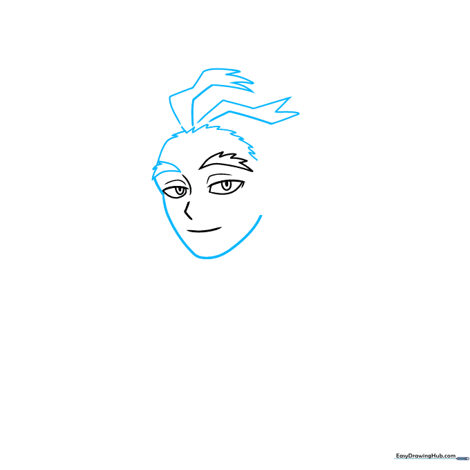 Drawing the jawline and initial hair spikes for the Hawks character sketch.