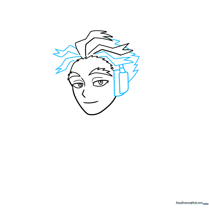 Adding the headphone details and refining the hair spikes on the right side of the head.
