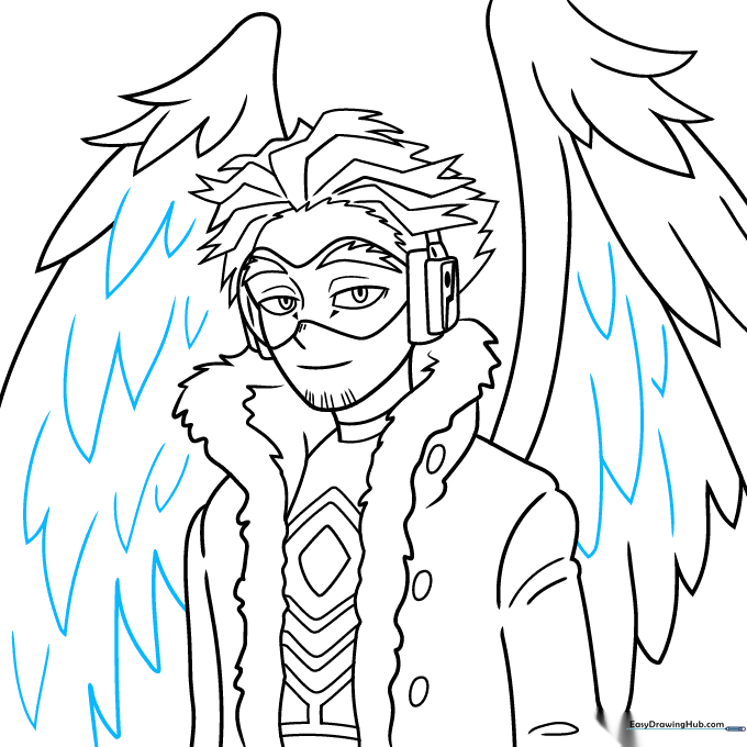 Finalizing the wing feathers with detailed leaf and teardrop shapes.