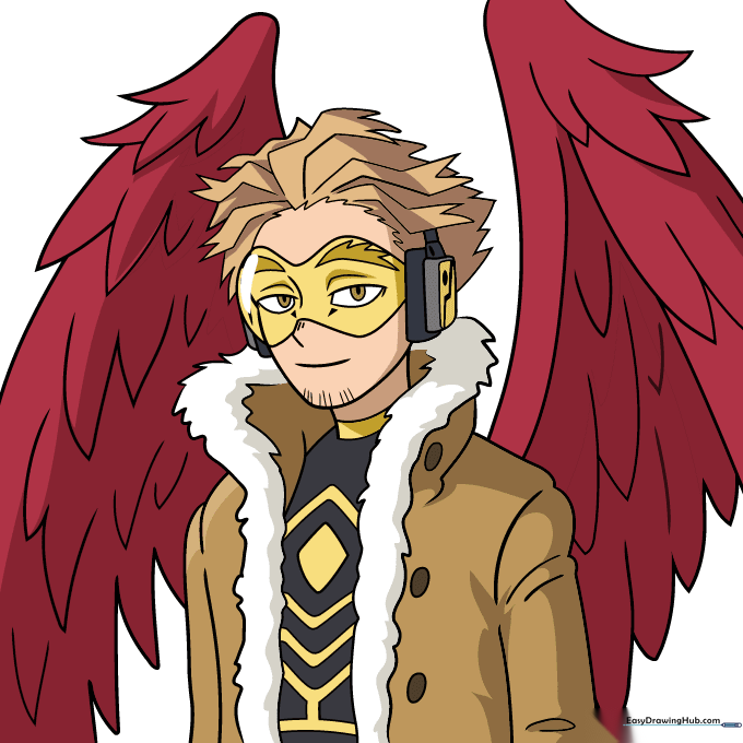 The completed, colored drawing of Hawks from My Hero Academia.