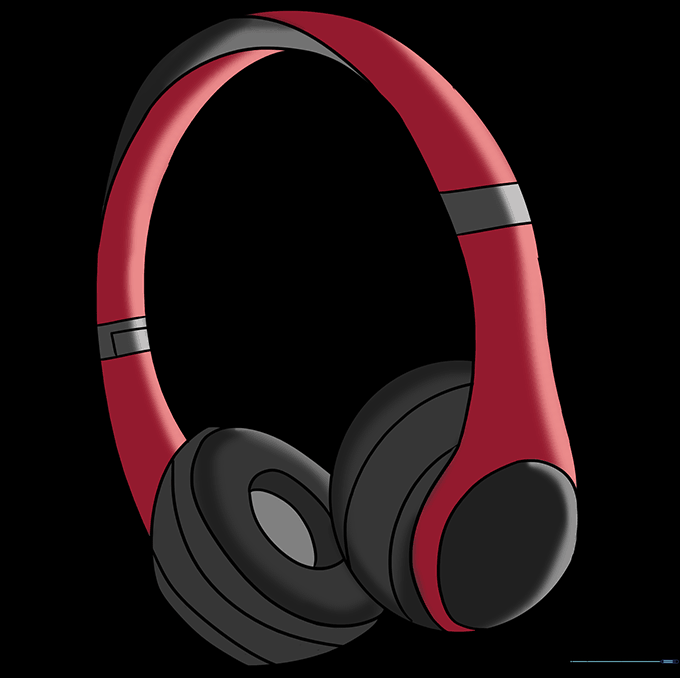 A finished, colored drawing of headphones with vibrant shading.
