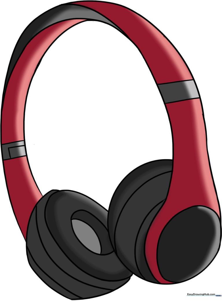 A vibrant, finished illustration of modern headphones, showcasing the completed drawing tutorial.