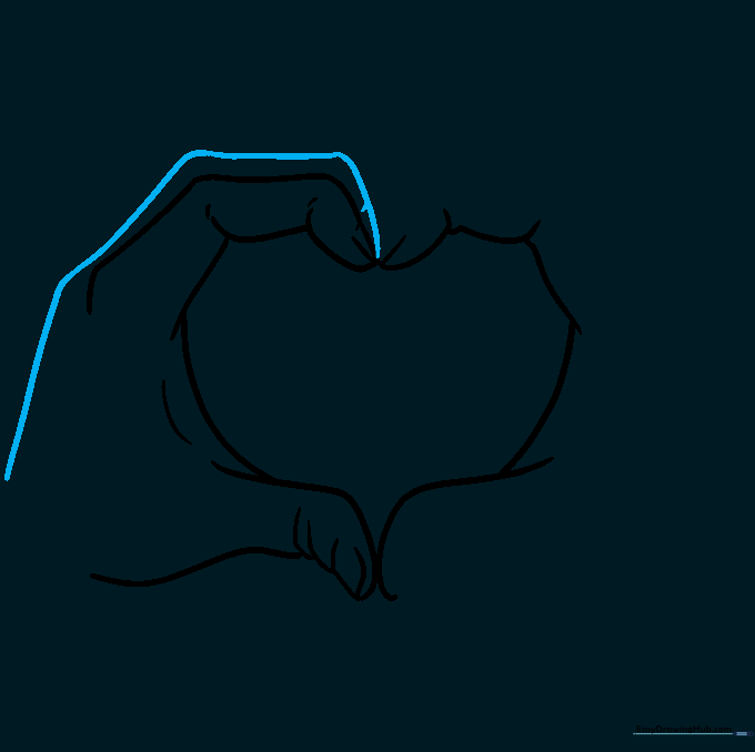 Sketching the middle fingers extending down to form the sides of the heart.