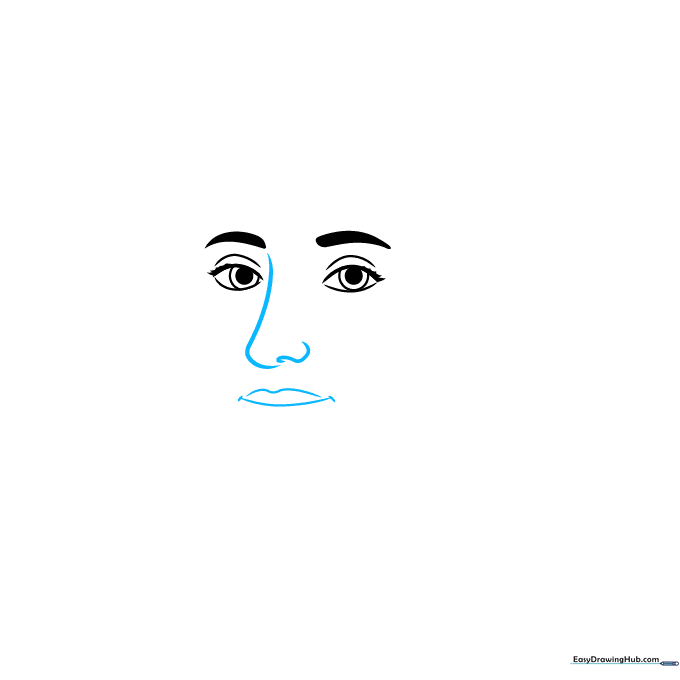 Sketch showing the placement of the nose and a smiling mouth below the eyes.