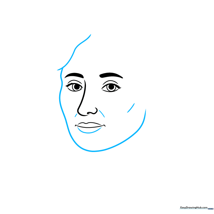 The outline of the face shape and initial hair sketch added to the facial features.