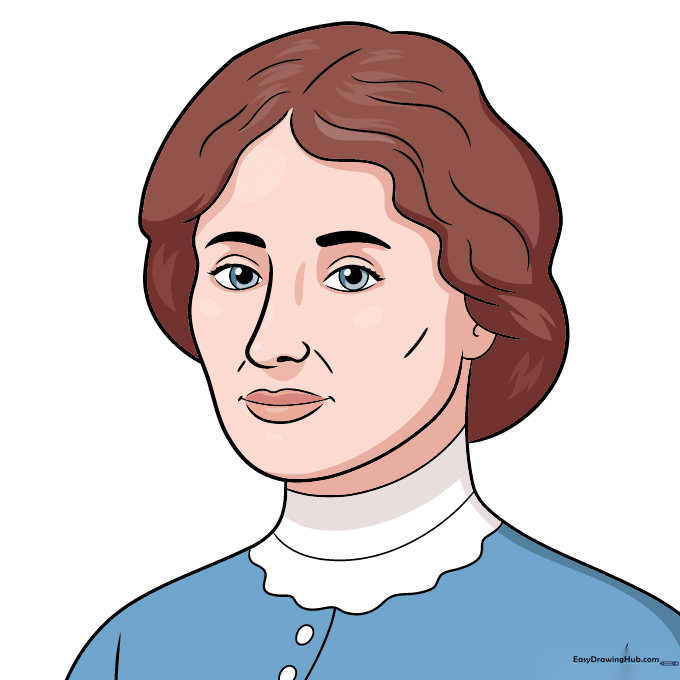 Completed Helen Keller portrait with color applied to the hair and clothing.