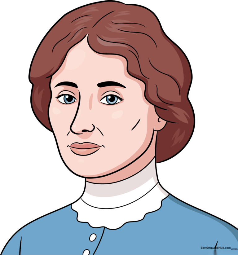 A finished, colored portrait of Helen Keller, showcasing the final result of the drawing tutorial.