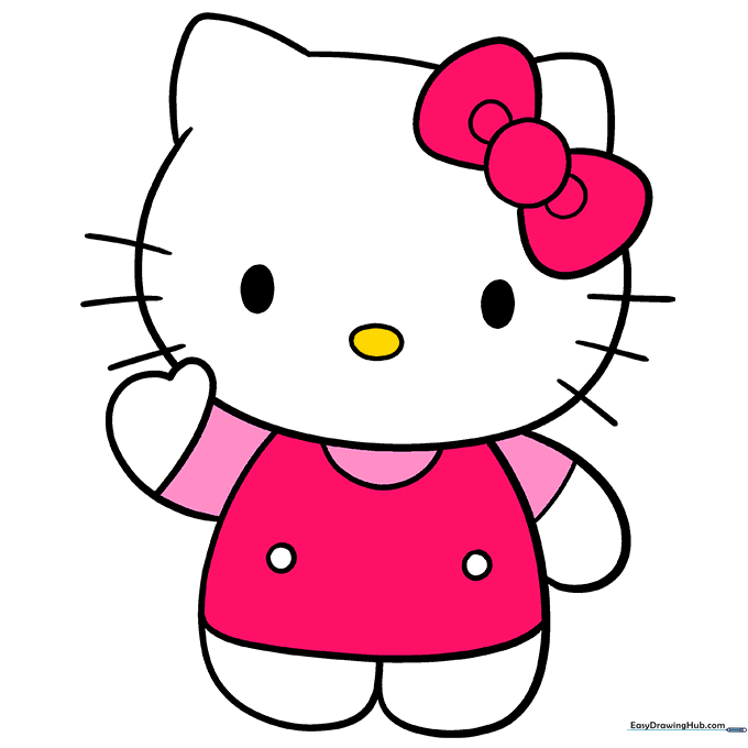 A fully colored Hello Kitty drawing with a pink bow and outfit.