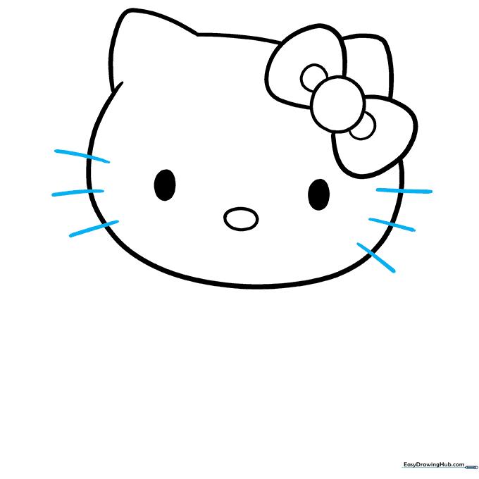 Adding three whiskers to each side of Hello Kitty's face.