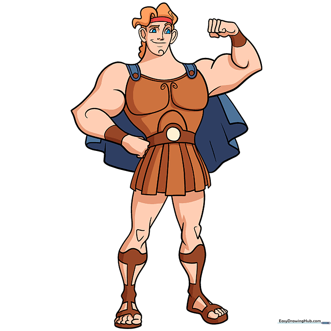 Finished Hercules drawing fully colored with tan skin, orange hair, and a blue cape.