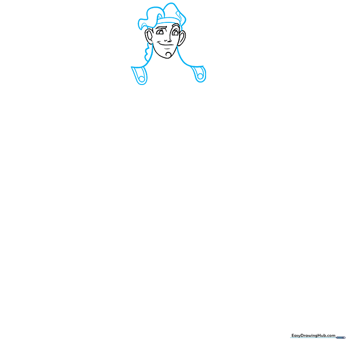 Drawing the neck, shoulders, and stylized hair shapes for the Hercules character.