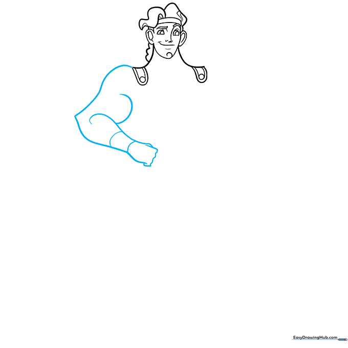 Detailed sketch of Hercules' left arm, wristband, and hand positioning.