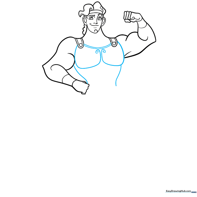 Detailing the chest armor and shoulder straps on the Hercules character.