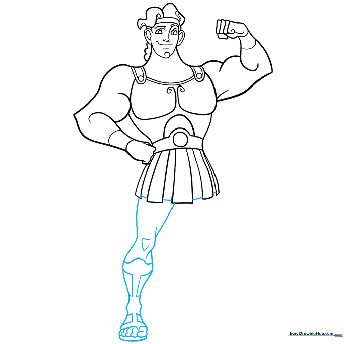 Drawing the left leg, knee, and foot details for Hercules.